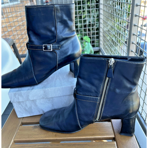 Vtg Joan & David Circa Black leather square toe classic Ankle Booties Boots 9M - Picture 2 of 12